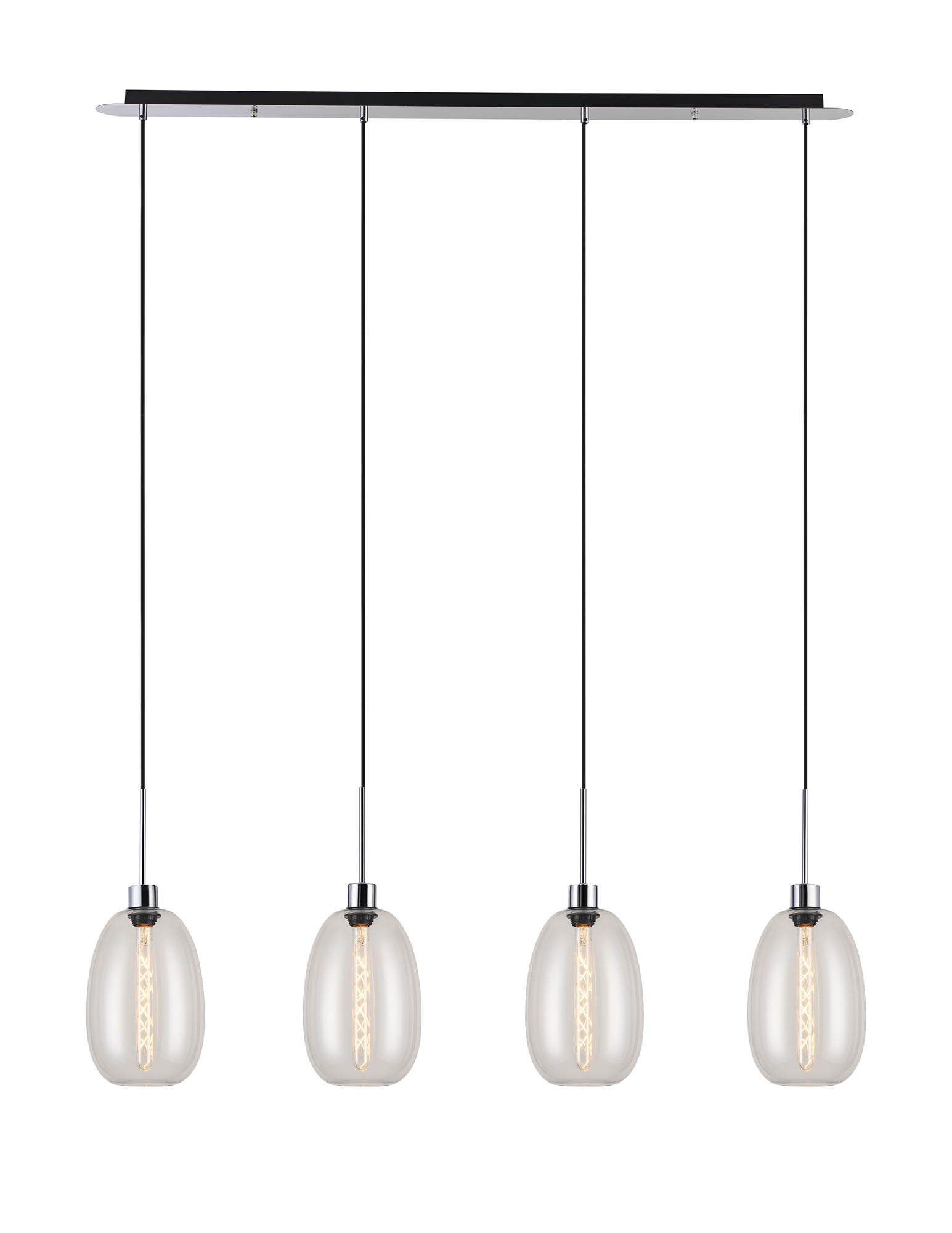 DK1317  Lori Linear Pendant, 4 Light Adjustable E27, Polished Chrome/Clear Slim Curved Trapezium Shades
